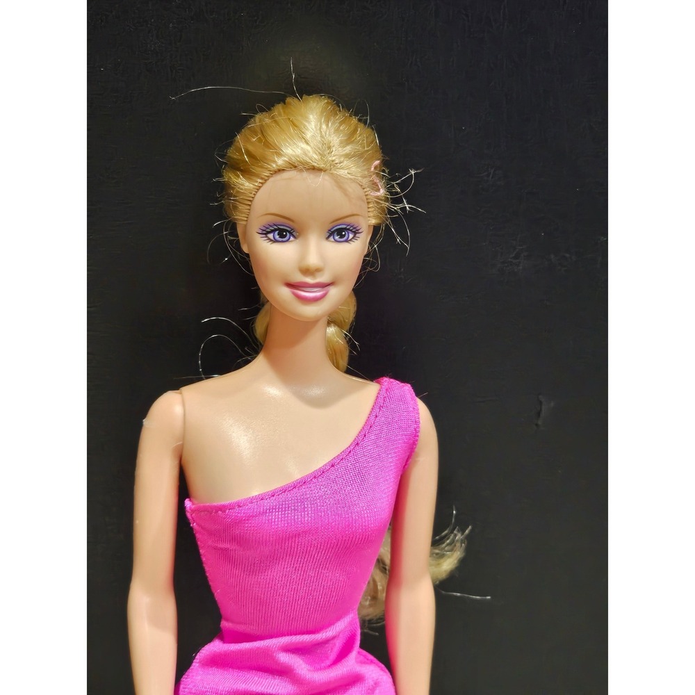 Vintage 1999‎ Barbie Doll Pink One Shoulder Dress Blonde Braided Hair
